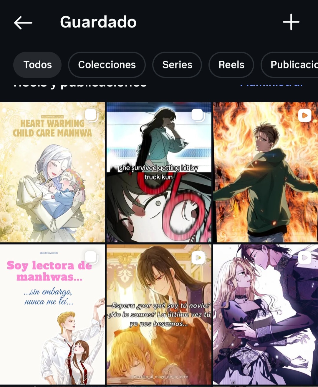 Captura de pantalla de la carpeta de guardados de Instagram, llena de publicaciones y reels de manhwas